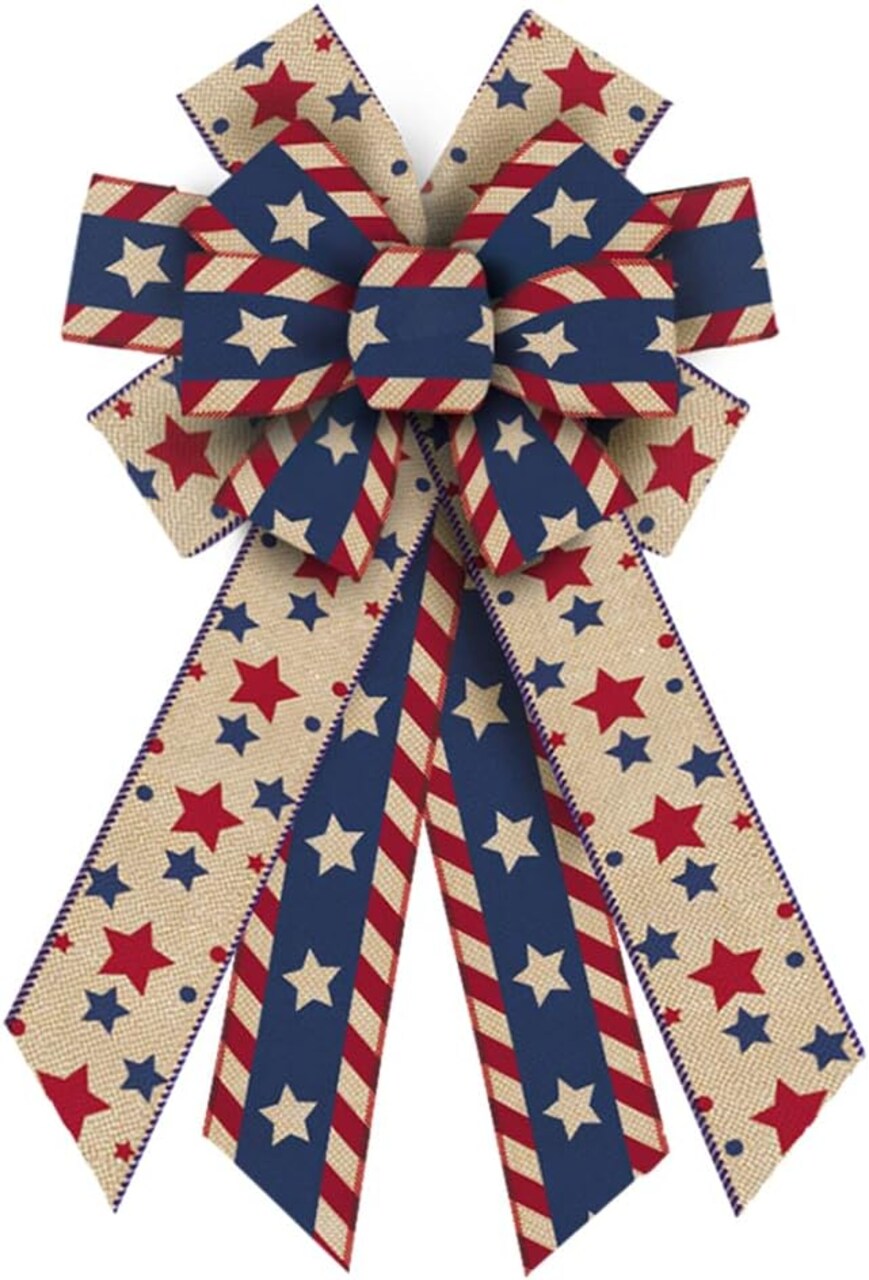 Threetols Large Patriotic Wreath Bow – Red, White & Blue Stars & Stripes Burlap Bow for Front Door, Memorial Day, Labor Day & 4th of July Tree Topper, Indoor/Outdoor Holiday Decor